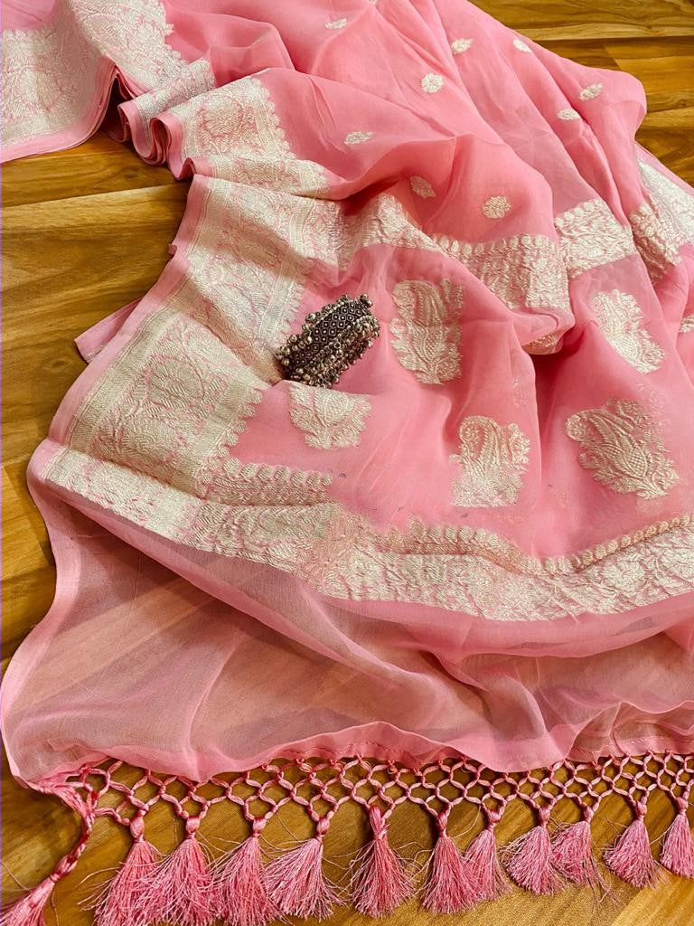 Zynah Pure Banarasi Handloom Khaddi Georgette Saree with Zari Border & Butis; Custom Stitched/Ready-made Blouse, Fall, Petticoat; Shipping available USA, Worldwide