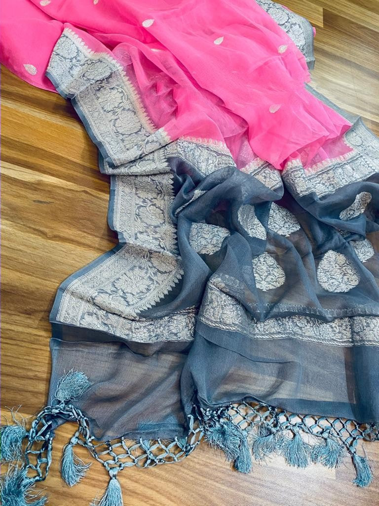 Zynah Pure Banarasi Handloom Khaddi Georgette Saree with Zari Border & Butis; Custom Stitched/Ready-made Blouse, Fall, Petticoat; Shipping available USA, Worldwide