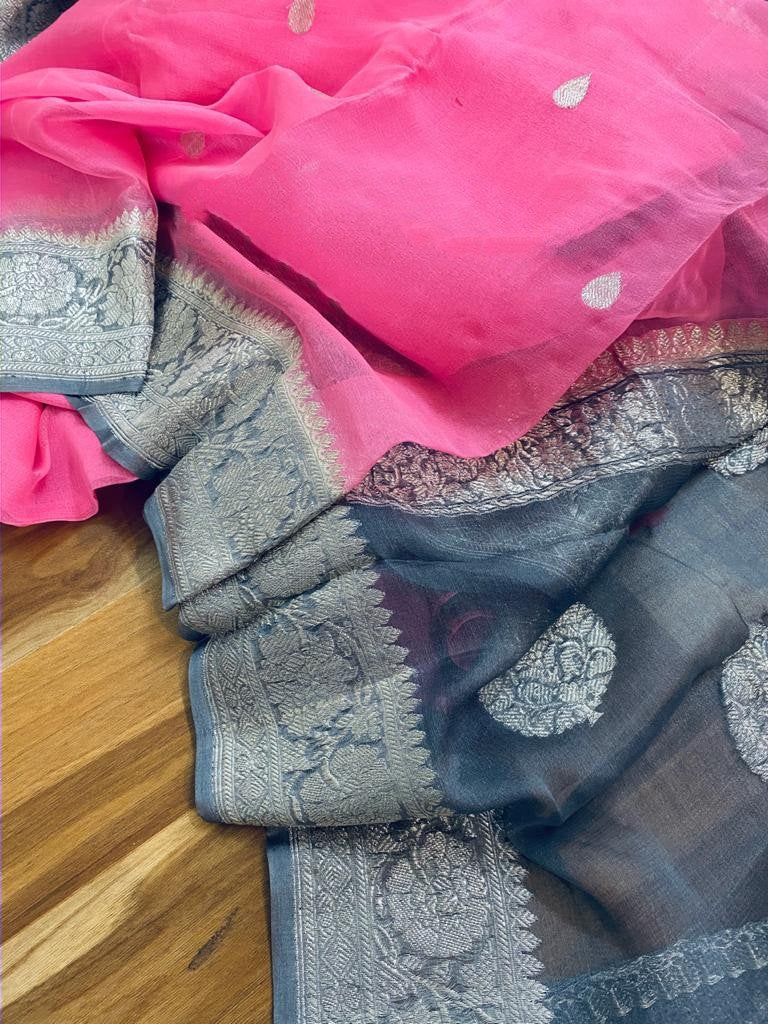 Zynah Pure Banarasi Handloom Khaddi Georgette Saree with Zari Border & Butis; Custom Stitched/Ready-made Blouse, Fall, Petticoat; Shipping available USA, Worldwide