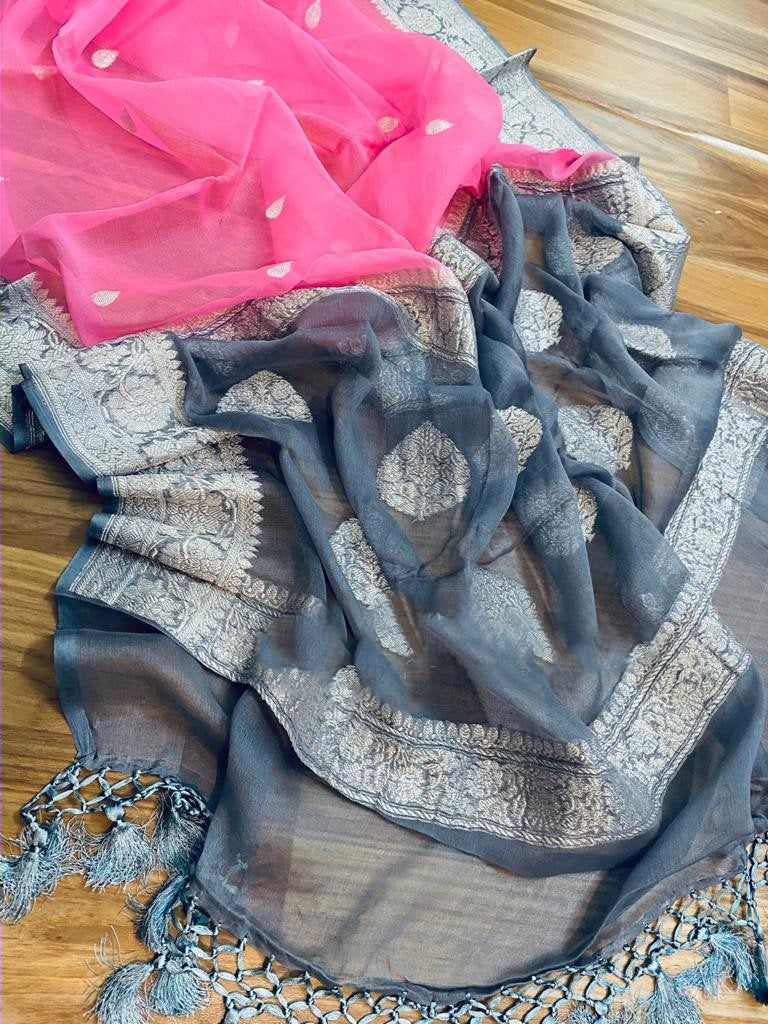 Zynah Pure Banarasi Handloom Khaddi Georgette Saree with Zari Border & Butis; Custom Stitched/Ready-made Blouse, Fall, Petticoat; Shipping available USA, Worldwide