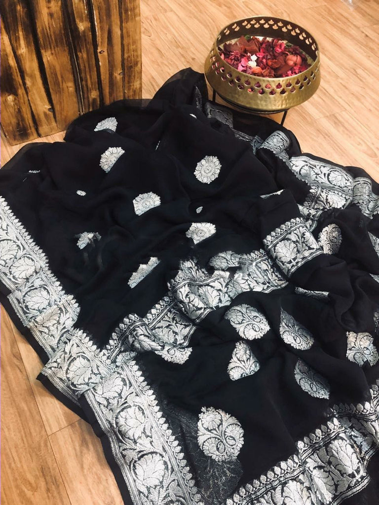 Zynah Pure Banarasi Handloom Khaddi Georgette Saree with Zari Border & Butis; Custom Stitched/Ready-made Blouse, Fall, Petticoat; Shipping available USA, Worldwide