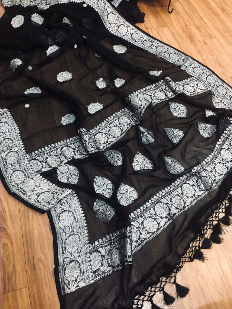 Zynah Pure Banarasi Handloom Khaddi Georgette Saree with Zari Border & Butis; Custom Stitched/Ready-made Blouse, Fall, Petticoat; Shipping available USA, Worldwide