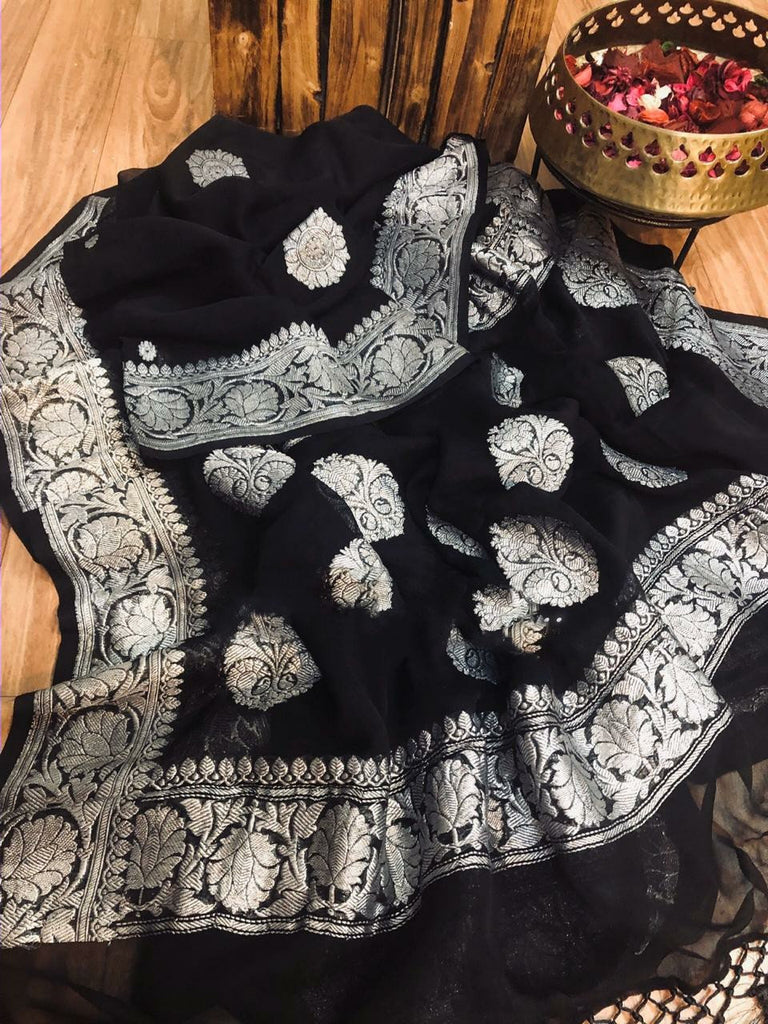 Zynah Pure Banarasi Handloom Khaddi Georgette Saree with Zari Border & Butis; Custom Stitched/Ready-made Blouse, Fall, Petticoat; Shipping available USA, Worldwide