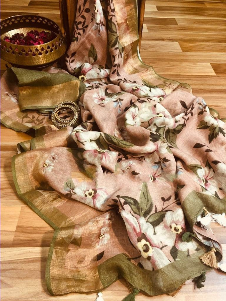 Zynah Organic Pure Linen by Linen(120c) Saree, Digital Floral Prints & Zari Border; Custom Stitched/Ready-made Blouse, Fall, Petticoat; Shipping available USA, Worldwide