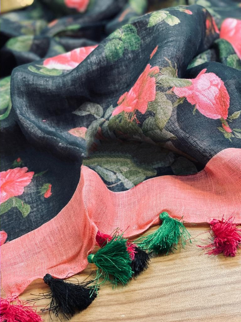 Zynah Digital Printed Organic Lab Tested 120 Count pure 'Linen by Linen' Saree; Custom Stitched/Ready-made Blouse, Fall, Petticoat; Shipping available USA, Worldwide