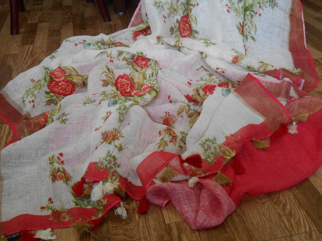 Zynah Digital Printed Organic Lab Tested 120 Count pure 'Linen by Linen' Saree; Custom Stitched/Ready-made Blouse, Fall, Petticoat; Shipping available USA, Worldwide