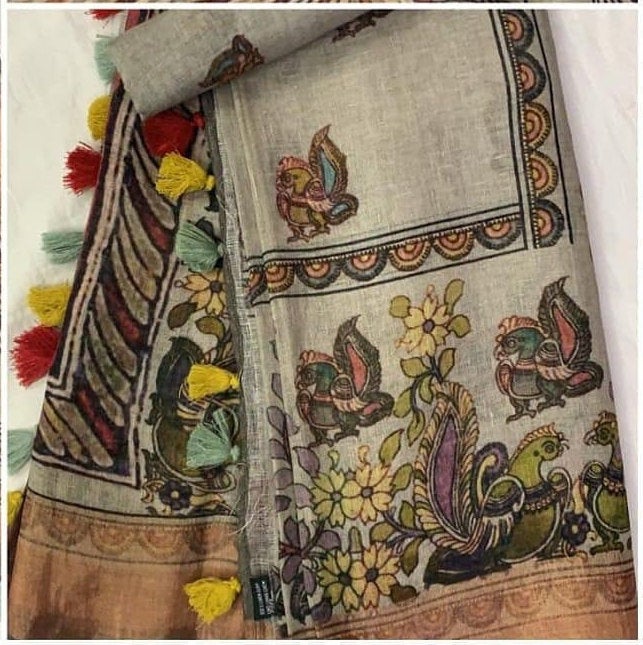 Zynah Kalamkari Printed Organic Lab Tested 120 Count pure 'Linen by Linen' Saree; Custom Stitched/Ready-made Blouse, Fall, Petticoat; Shipping available USA, Worldwide