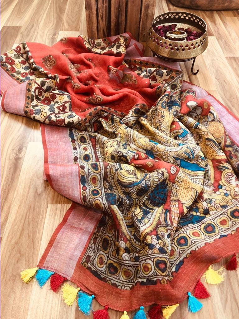 Zynah Kalamkari Organic Lab Tested 120 Count pure 'Linen by Linen' Saree; Custom Stitched/Ready-made Blouse, Fall, Petticoat; Shipping available USA, Worldwide