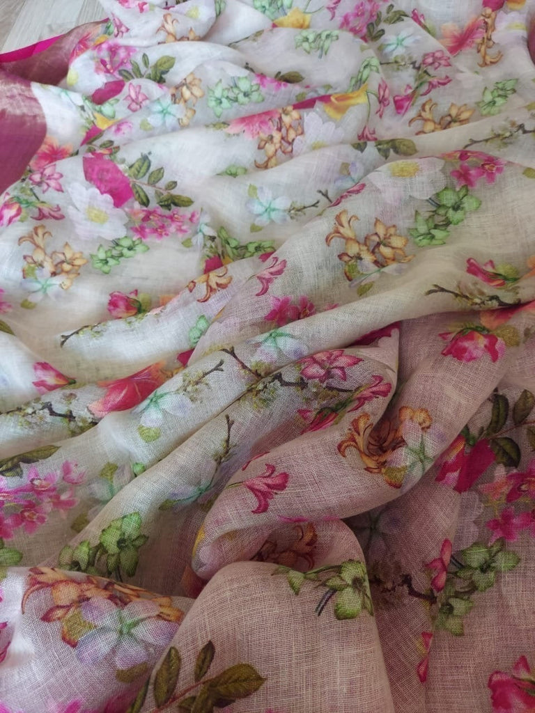 Zynah Floral Organic Lab Tested 120 Count pure 'Linen by Linen' Saree; Custom Stitched/Ready-made Blouse, Fall, Petticoat; Shipping available USA, Worldwide