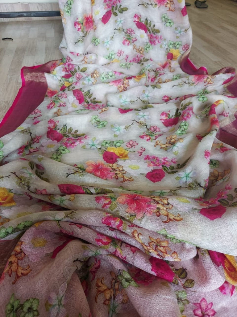 Zynah Floral Organic Lab Tested 120 Count pure 'Linen by Linen' Saree; Custom Stitched/Ready-made Blouse, Fall, Petticoat; Shipping available USA, Worldwide