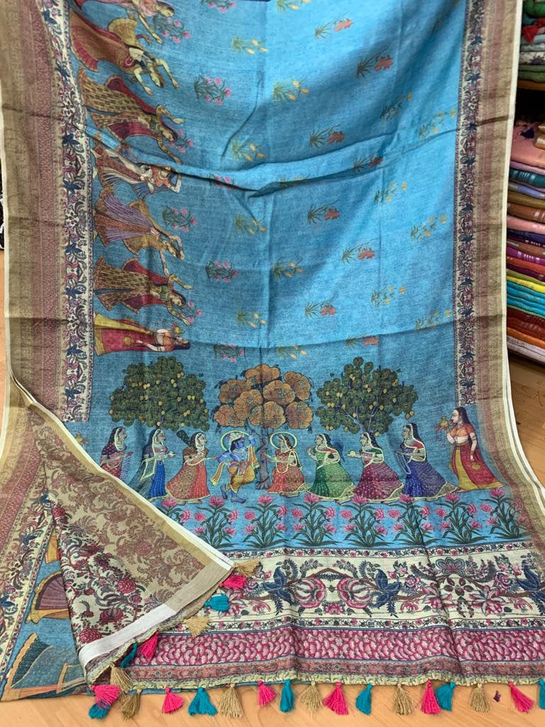 Zynah Kalamkari Organic Lab Tested 120 Count pure 'Linen by Linen' Saree; Custom Stitched/Ready-made Blouse, Fall, Petticoat; Shipping available USA, Worldwide