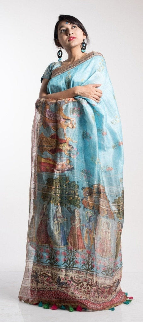 Zynah Kalamkari Organic Lab Tested 120 Count pure 'Linen by Linen' Saree; Custom Stitched/Ready-made Blouse, Fall, Petticoat; Shipping available USA, Worldwide