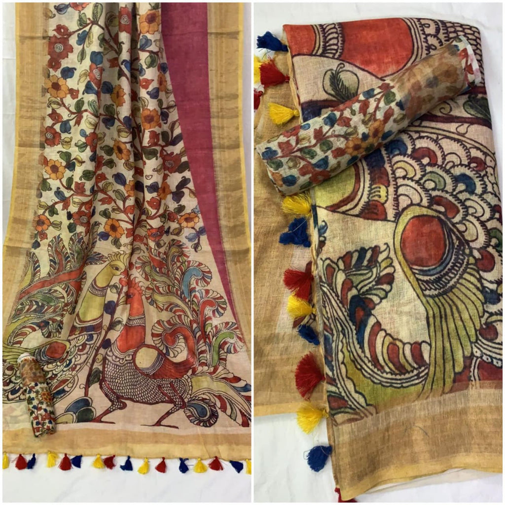 Zynah Kalamkari Organic Lab Tested 120 Count pure 'Linen by Linen' Saree; Custom Stitched/Ready-made Blouse, Fall, Petticoat; Shipping available USA, Worldwide