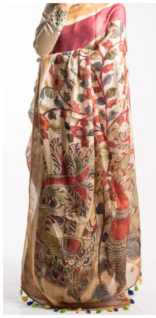 Zynah Kalamkari Organic Lab Tested 120 Count pure 'Linen by Linen' Saree; Custom Stitched/Ready-made Blouse, Fall, Petticoat; Shipping available USA, Worldwide