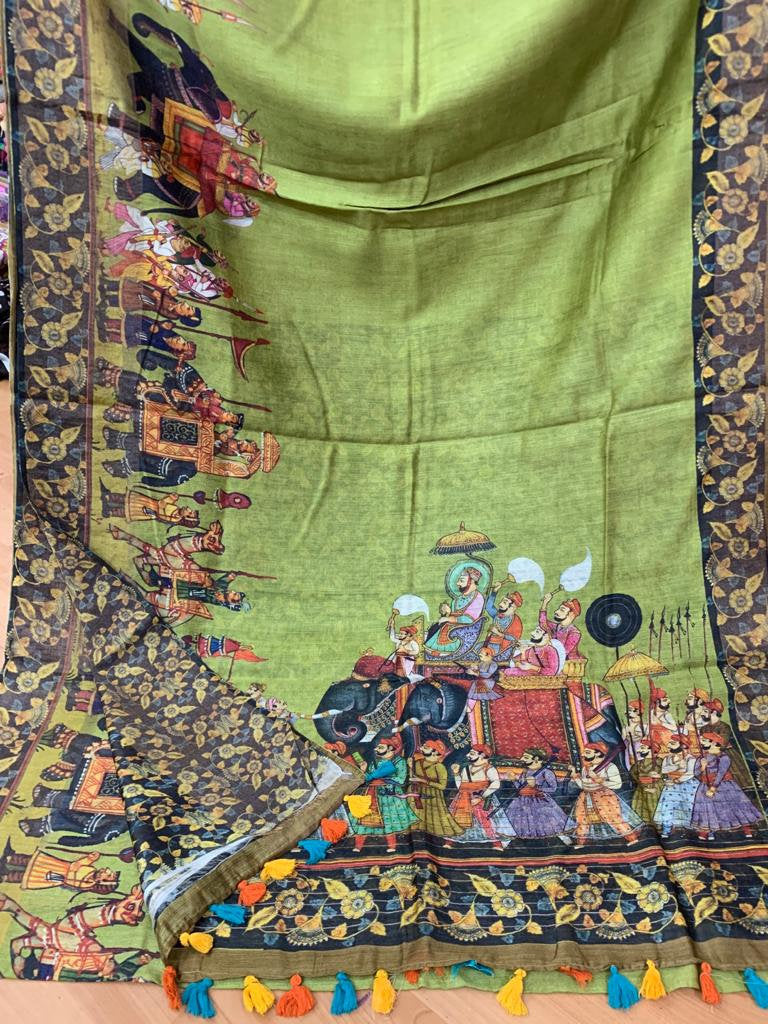Zynah Kalamkari Organic Lab Tested 120 Count pure 'Linen by Linen' Saree; Custom Stitched/Ready-made Blouse, Fall, Petticoat; Shipping available USA, Worldwide