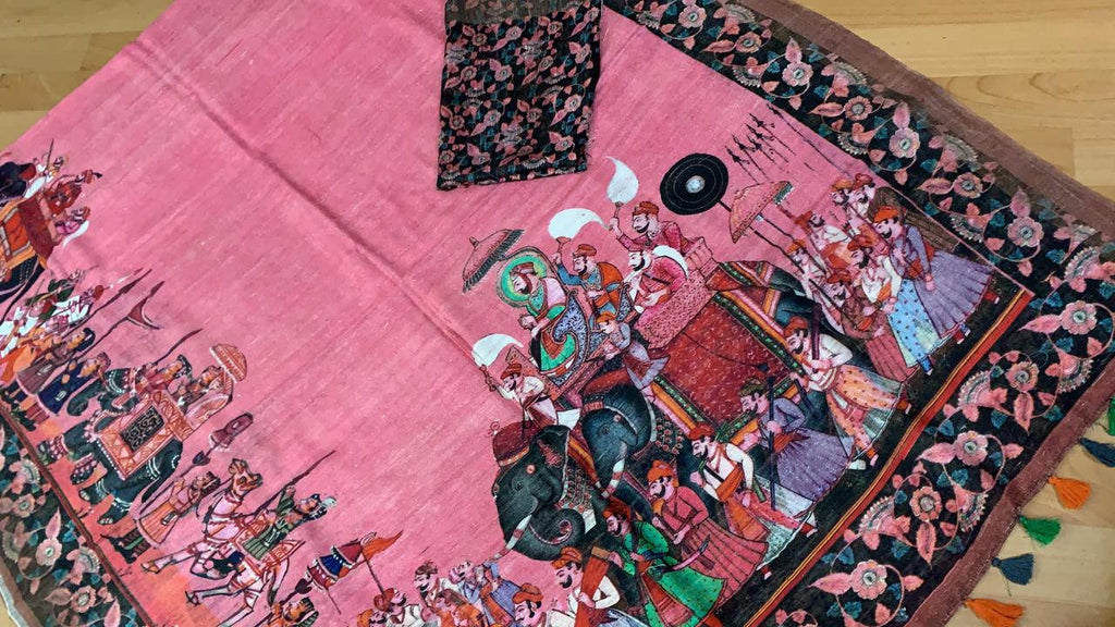 Zynah Kalamkari Organic Lab Tested 120 Count pure 'Linen by Linen' Saree; Custom Stitched/Ready-made Blouse, Fall, Petticoat; Shipping available USA, Worldwide