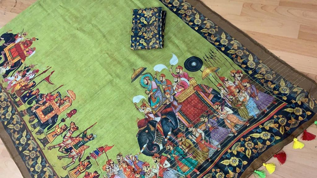 Zynah Kalamkari Organic Lab Tested 120 Count pure 'Linen by Linen' Saree; Custom Stitched/Ready-made Blouse, Fall, Petticoat; Shipping available USA, Worldwide