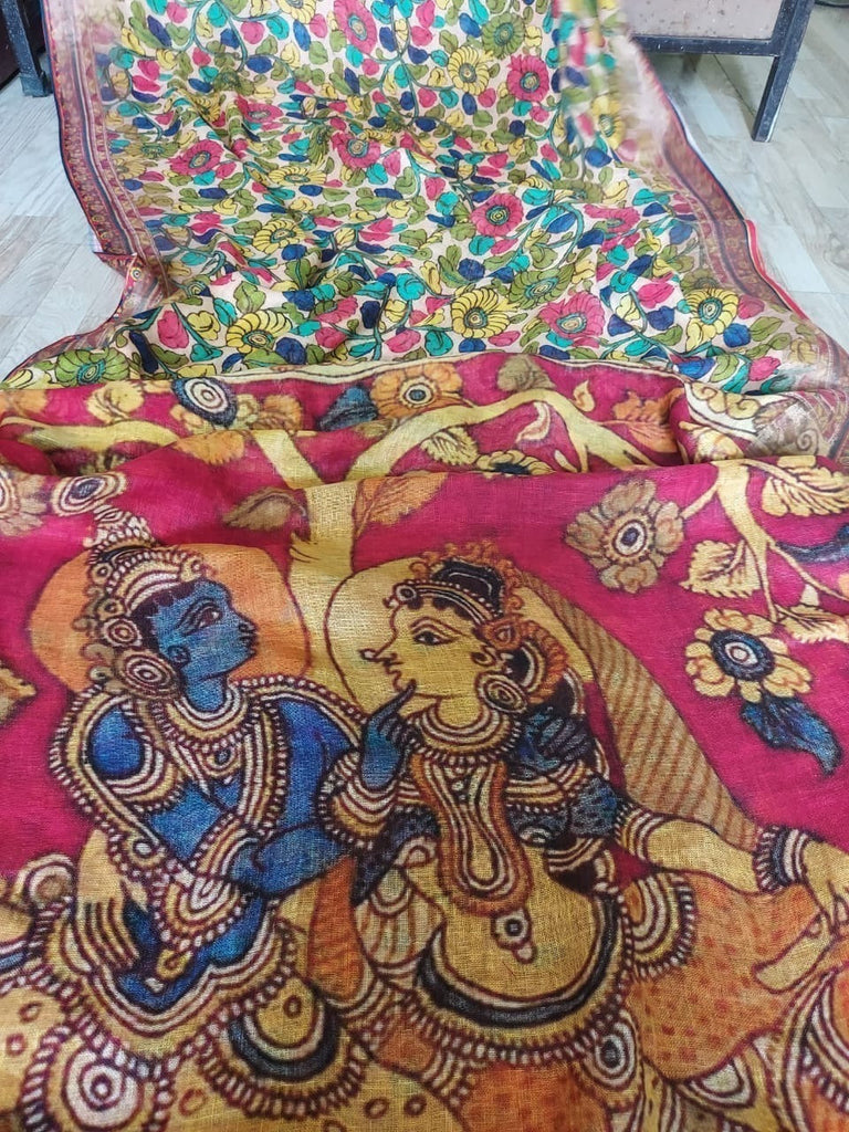 Zynah Kalamkari Organic Lab Tested 120 Count pure 'Linen by Linen' Saree; Custom Stitched/Ready-made Blouse, Fall, Petticoat; Shipping available USA, Worldwide