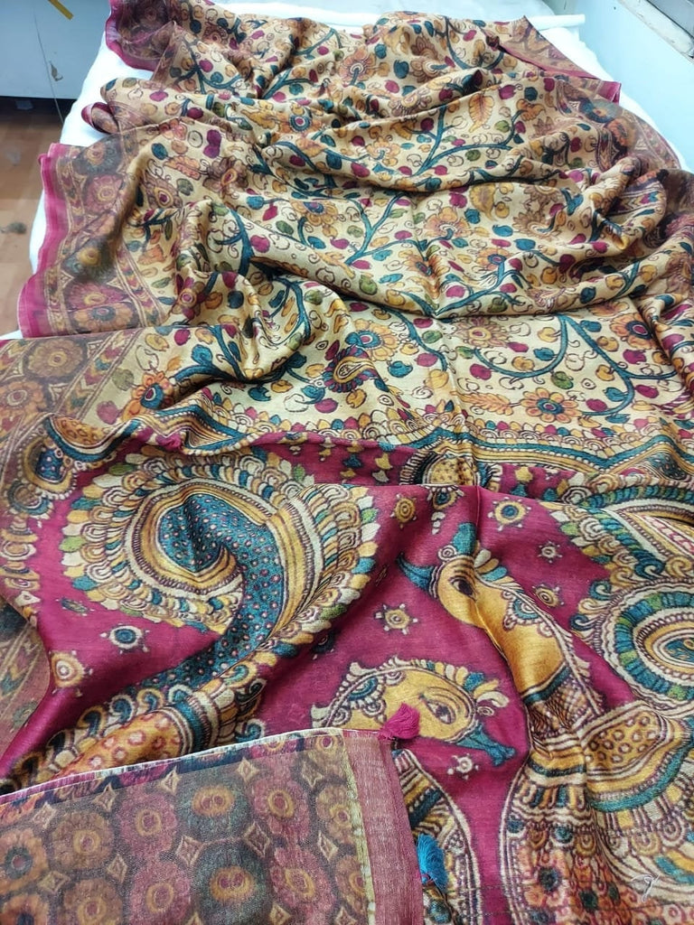 Zynah Kalamkari Organic Lab Tested 120 Count pure 'Linen by Linen' Saree; Custom Stitched/Ready-made Blouse, Fall, Petticoat; Shipping available USA, Worldwide