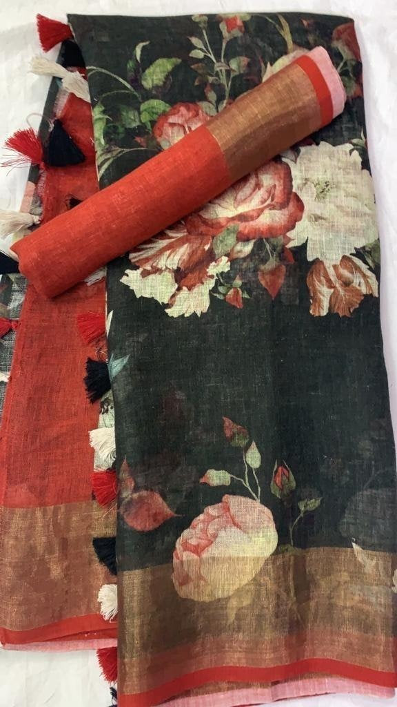 Zynah Floral Organic Lab Tested 120 Count pure 'Linen by Linen' Saree; Custom Stitched/Ready-made Blouse, Fall, Petticoat; Shipping available USA, Worldwide