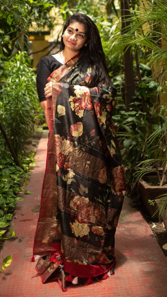 Zynah Floral Organic Lab Tested 120 Count pure 'Linen by Linen' Saree; Custom Stitched/Ready-made Blouse, Fall, Petticoat; Shipping available USA, Worldwide