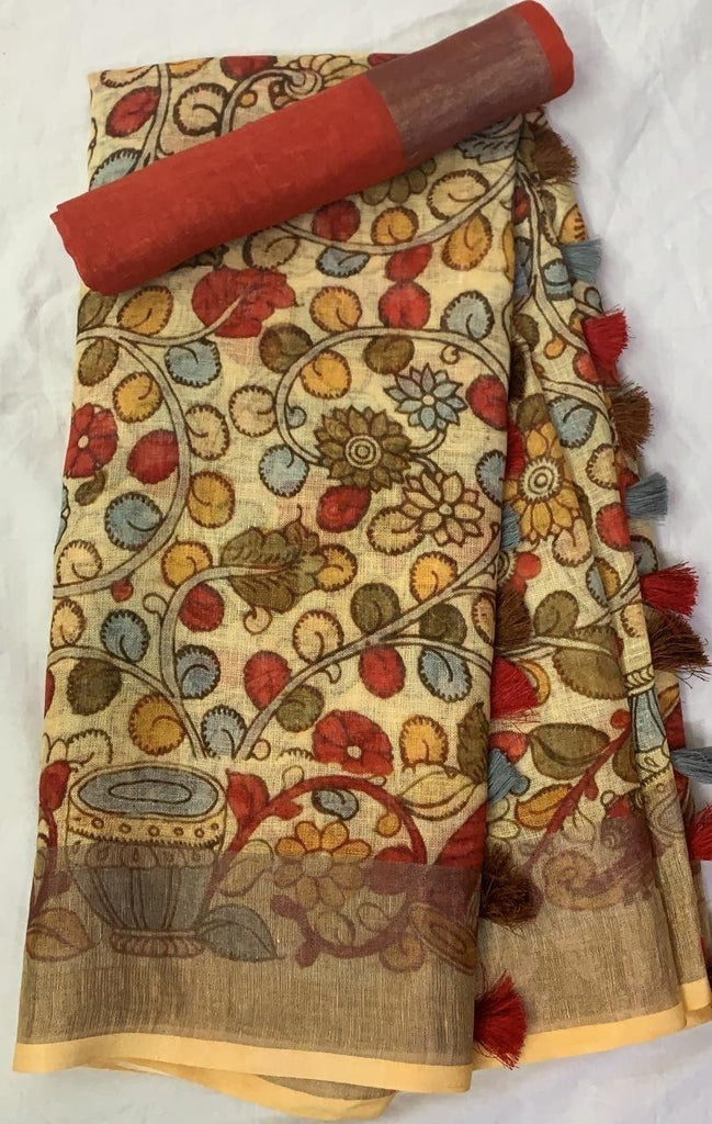 Zynah Kalamkari Organic Lab Tested 120 Count pure 'Linen by Linen' Saree; Custom Stitched/Ready-made Blouse, Fall, Petticoat; Shipping available USA, Worldwide