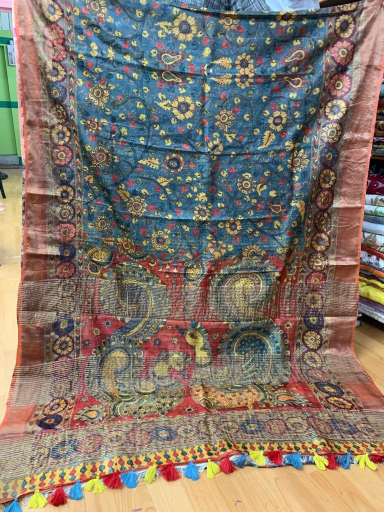 Zynah Kalamkari Organic Lab Tested 120 Count pure 'Linen by Linen' Saree; Custom Stitched/Ready-made Blouse, Fall, Petticoat; Shipping available USA, Worldwide