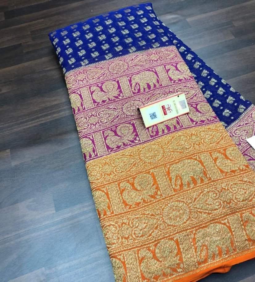 Zynah Pure Banarasi Woven Khaddi Georgette Saree with Antique Zari Weave, Big Border Handloom; Custom Stitched/Ready-made Blouse, Fall, Petticoat; Shipping available USA, Worldwide