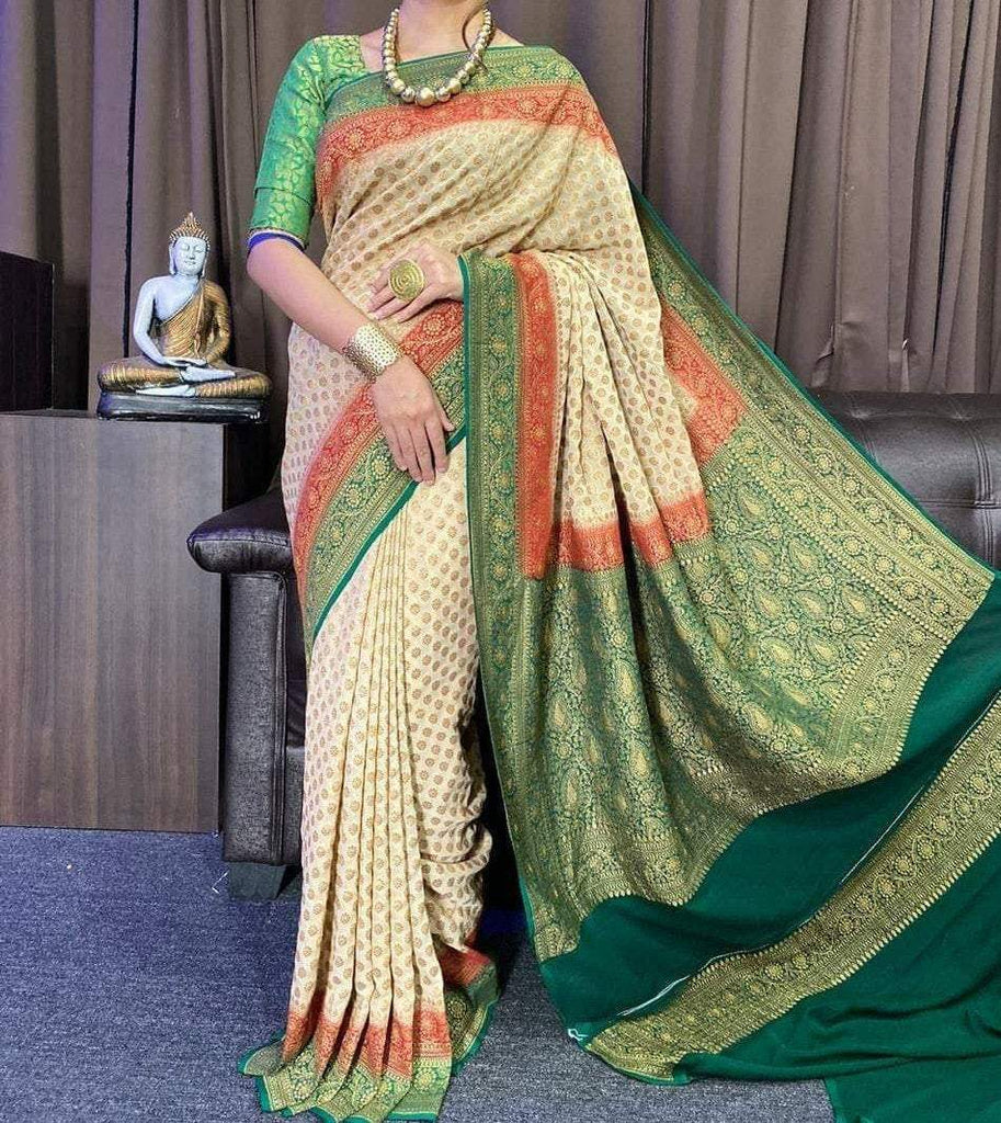 Zynah Pure Banarasi Woven Khaddi Georgette Saree with Antique Zari Weave, Big Border Handloom; Custom Stitched/Ready-made Blouse, Fall, Petticoat; Shipping available USA, Worldwide