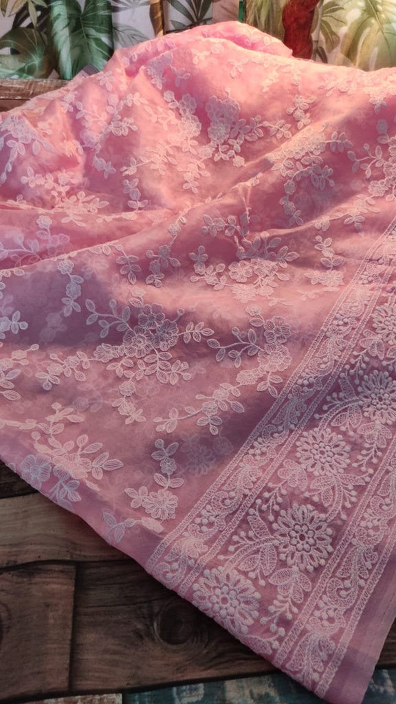 Zynah Pure Organza Chikankari Saree in Pastel Shades; Custom Stitched/Ready-made Blouse, Fall, Petticoat; Shipping available USA, Worldwide