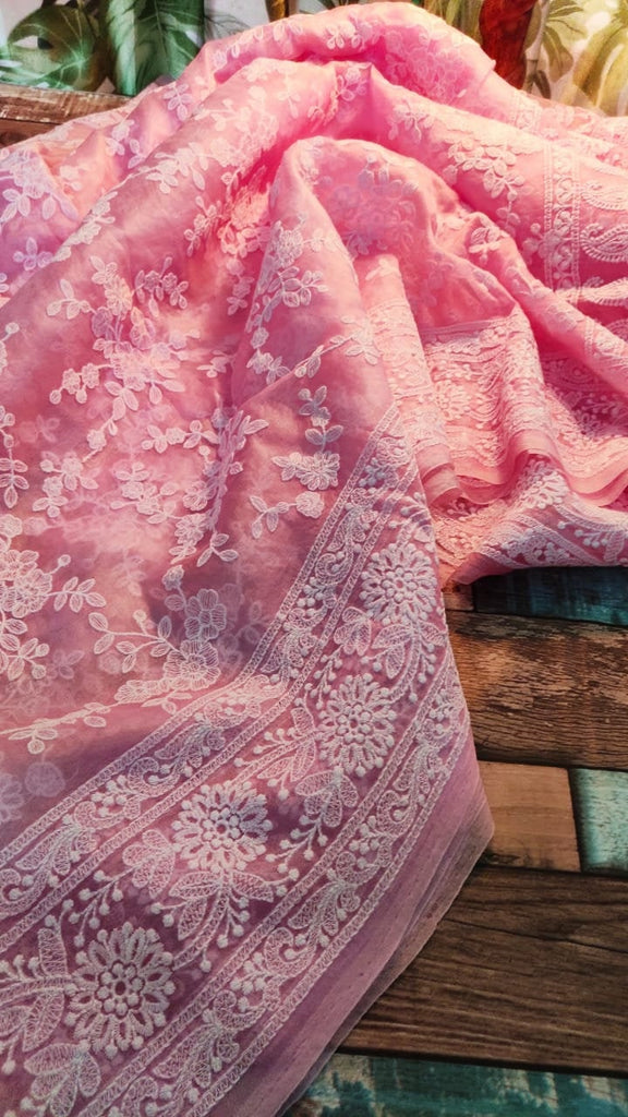 Zynah Pure Organza Chikankari Saree in Pastel Shades; Custom Stitched/Ready-made Blouse, Fall, Petticoat; Shipping available USA, Worldwide