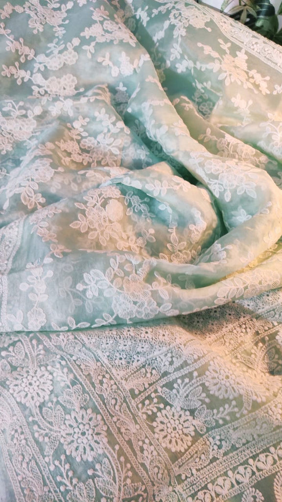 Zynah Pure Organza Chikankari Saree in Pastel Shades; Custom Stitched/Ready-made Blouse, Fall, Petticoat; Shipping available USA, Worldwide