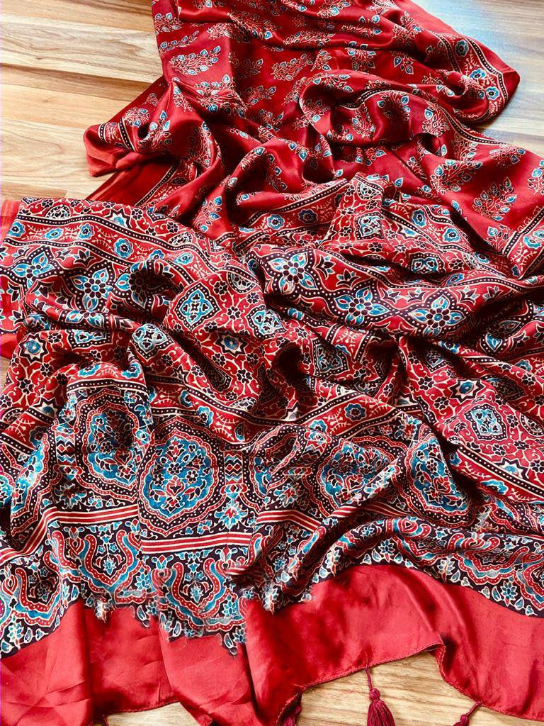 Zynah Pure Modal Silk Ajrakh Saree with Handblock Prints; Custom Stitched/Ready-made Blouse, Fall, Petticoat; Shipping available USA, Worldwide