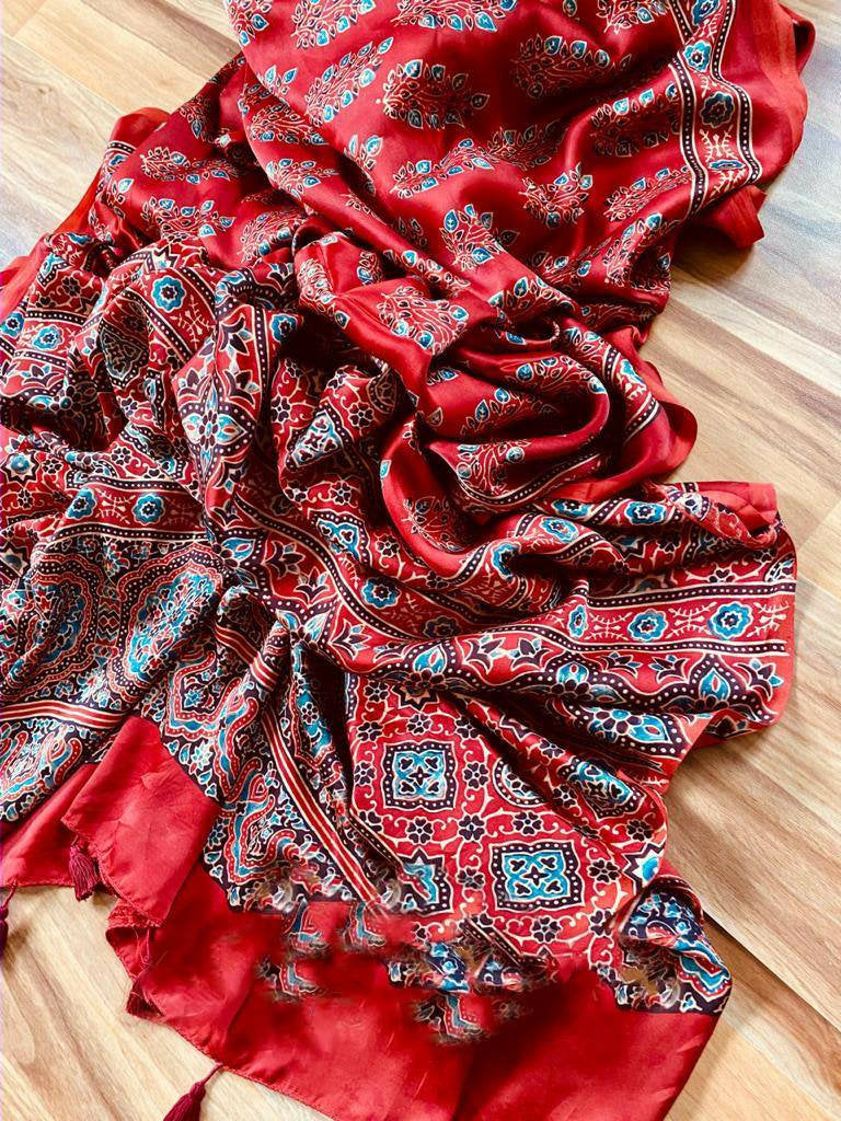 Zynah Pure Modal Silk Ajrakh Saree with Handblock Prints; Custom Stitched/Ready-made Blouse, Fall, Petticoat; Shipping available USA, Worldwide