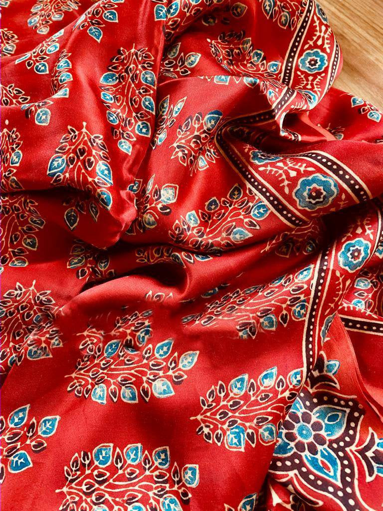 Zynah Pure Modal Silk Ajrakh Saree with Handblock Prints; Custom Stitched/Ready-made Blouse, Fall, Petticoat; Shipping available USA, Worldwide