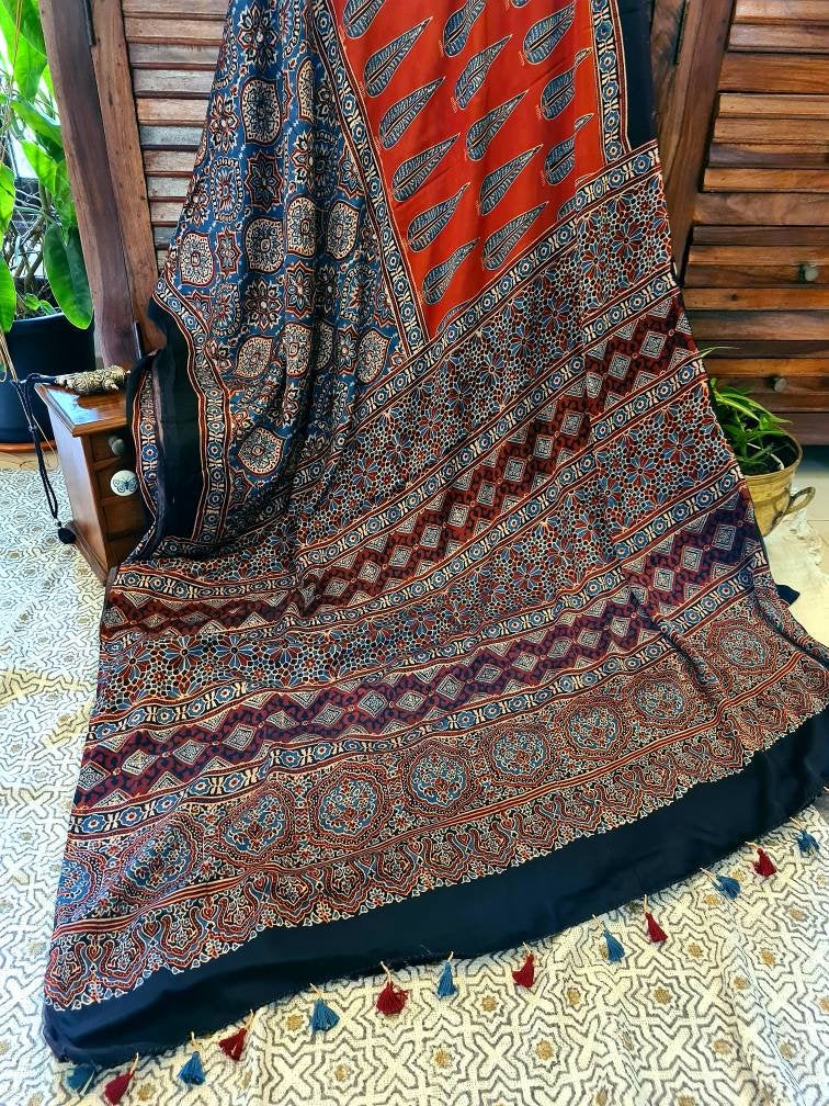 Zynah Pure Modal Silk Ajrakh Saree with Handblock Prints; Custom Stitched/Ready-made Blouse, Fall, Petticoat; Shipping available USA, Worldwide