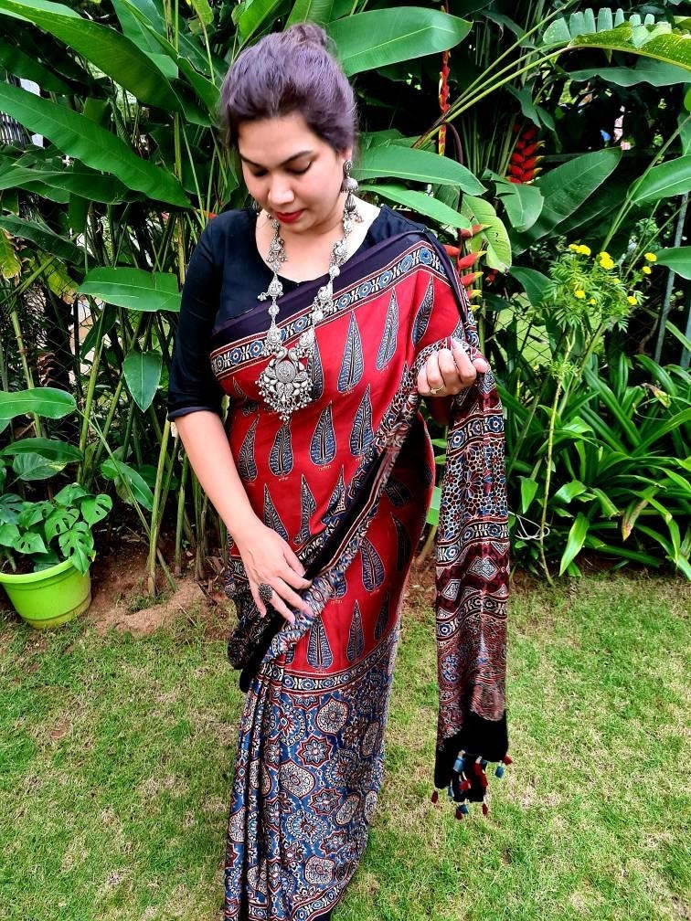 Zynah Pure Modal Silk Ajrakh Saree with Handblock Prints; Custom Stitched/Ready-made Blouse, Fall, Petticoat; Shipping available USA, Worldwide
