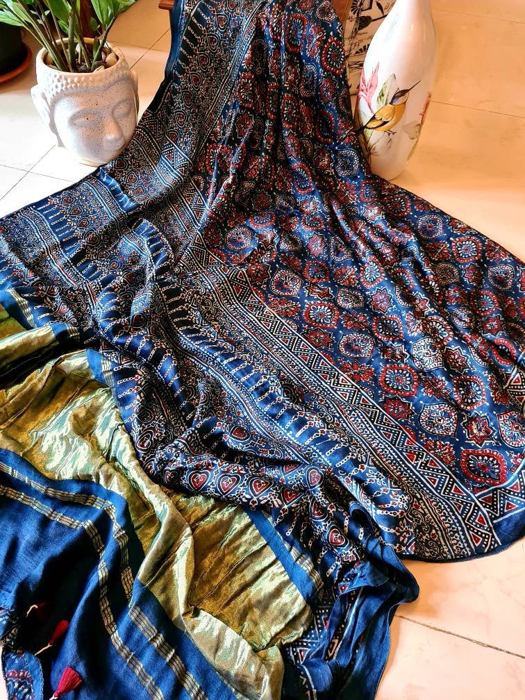 Zynah Pure Modal Silk Ajrakh Saree with Tissue Pallu, Handblock Prints; Custom Stitched/Ready-made Blouse, Fall, Petticoat; Shipping available USA, Worldwide