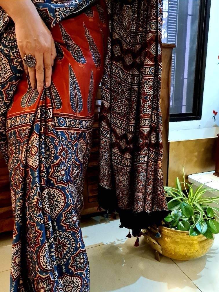 Zynah Pure Modal Silk Ajrakh Saree with Handblock Prints; Custom Stitched/Ready-made Blouse, Fall, Petticoat; Shipping available USA, Worldwide