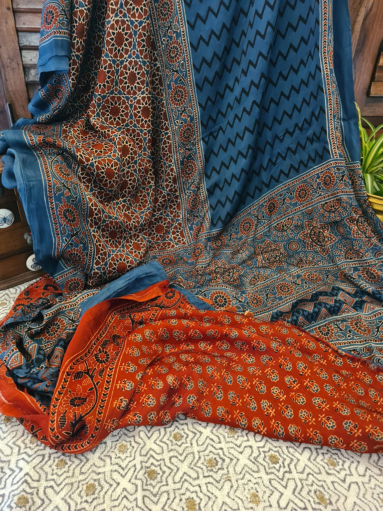 Zynah Pure Modal Silk Ajrakh Saree with Tissue Pallu, Handblock Prints; Custom Stitched/Ready-made Blouse, Fall, Petticoat; Shipping available USA, Worldwide