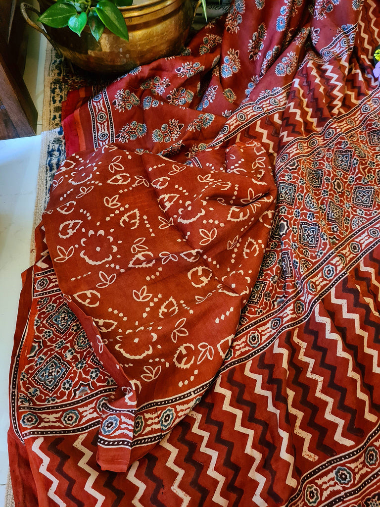 Zynah Pure Modal Silk Ajrakh Saree with Handblock Prints; Custom Stitched/Ready-made Blouse, Fall, Petticoat; Shipping available USA, Worldwide