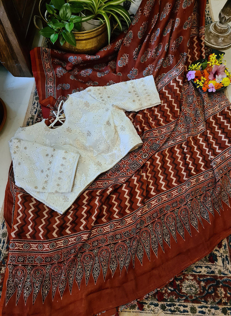 Zynah Pure Modal Silk Ajrakh Saree with Handblock Prints; Custom Stitched/Ready-made Blouse, Fall, Petticoat; Shipping available USA, Worldwide