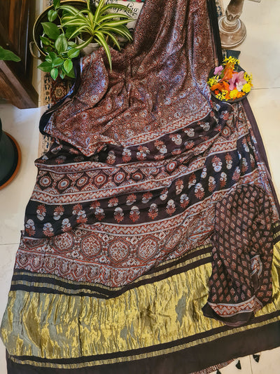 Zynah Pure Modal Silk Ajrakh Saree with Tissue Pallu, Handblock Prints; Custom Stitched/Ready-made Blouse, Fall, Petticoat; Shipping available USA, Worldwide