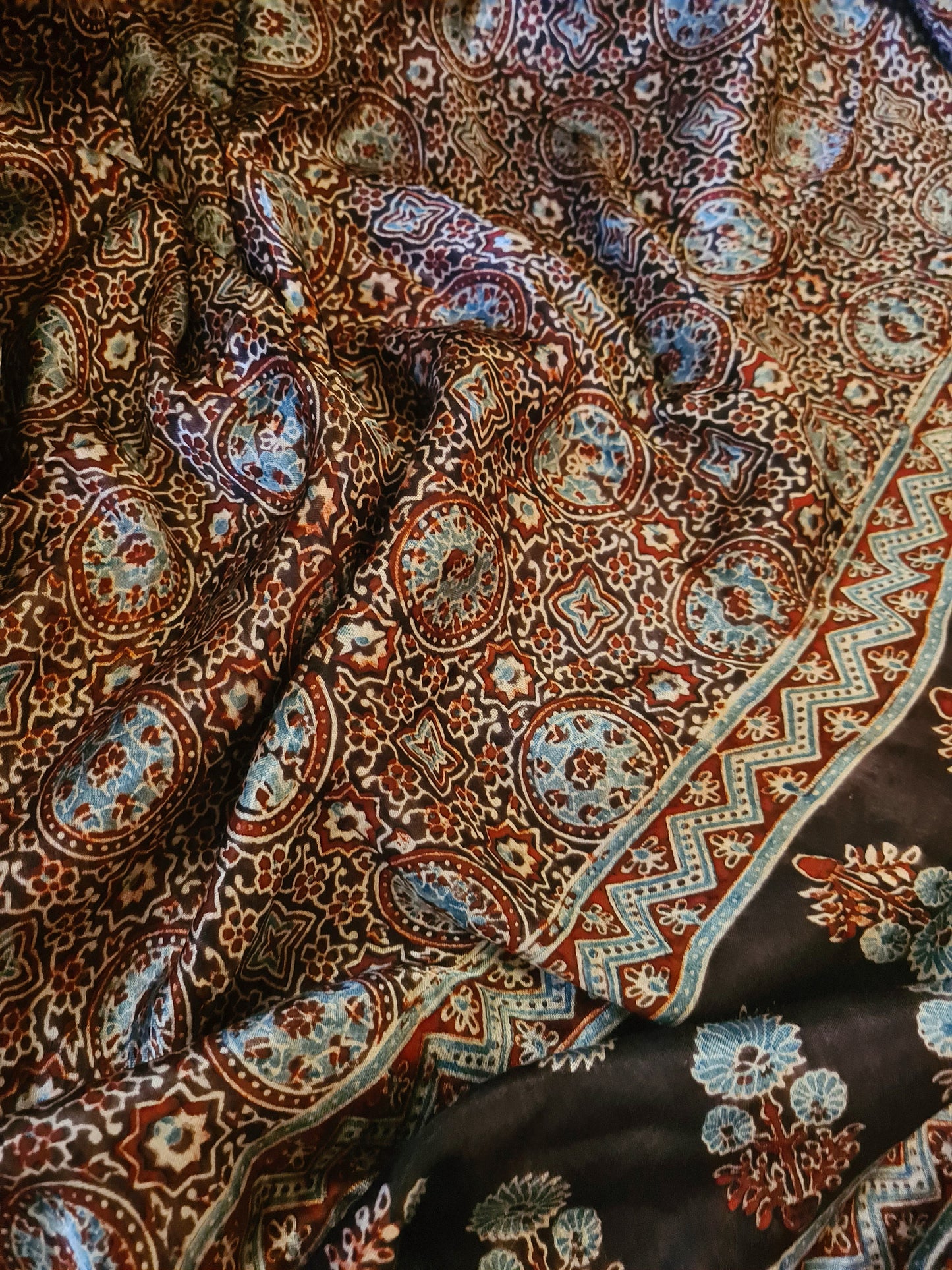 Zynah Pure Modal Silk Ajrakh Saree with Tissue Pallu, Handblock Prints; Custom Stitched/Ready-made Blouse, Fall, Petticoat; Shipping available USA, Worldwide