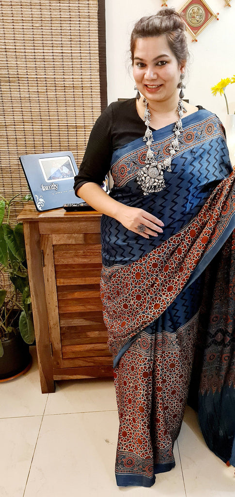 Zynah Pure Modal Silk Ajrakh Saree with Tissue Pallu, Handblock Prints; Custom Stitched/Ready-made Blouse, Fall, Petticoat; Shipping available USA, Worldwide