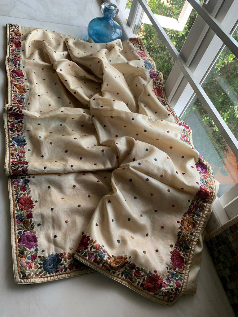 Zynah Made to Order Pure Tussar Silk Parsi Gara Handcrafted Saree; Custom Stitched/Ready-made Blouse, Fall, Petticoat; Shipping available USA, Worldwide
