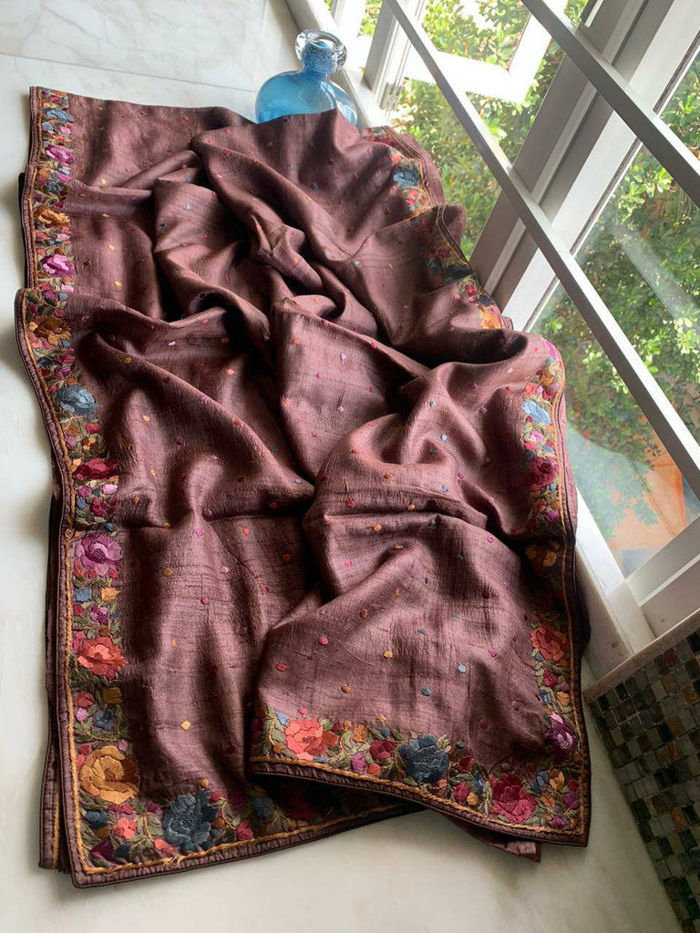 Zynah Made to Order Pure Tussar Silk Parsi Gara Handcrafted Saree; Custom Stitched/Ready-made Blouse, Fall, Petticoat; Shipping available USA, Worldwide