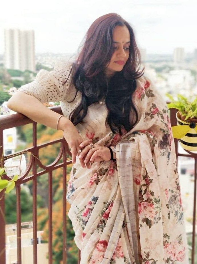 Zynah Kalamkari Organic Lab Tested 120 Count pure 'Linen by Linen' Saree; Custom Stitched/Ready-made Blouse, Fall, Petticoat; Shipping available USA, Worldwide