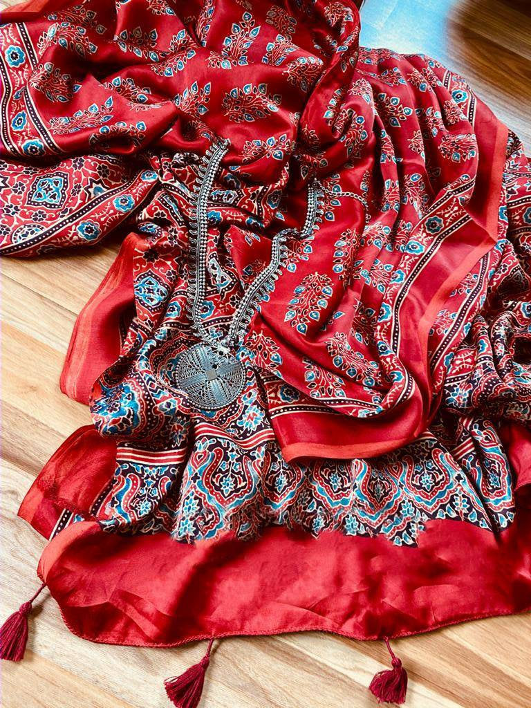 Zynah Pure Modal Silk Ajrakh Saree with Handblock Prints; Custom Stitched/Ready-made Blouse, Fall, Petticoat; Shipping available USA, Worldwide