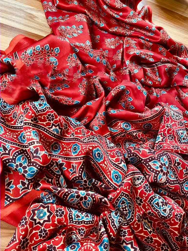 Zynah Pure Modal Silk Ajrakh Saree with Handblock Prints; Custom Stitched/Ready-made Blouse, Fall, Petticoat; Shipping available USA, Worldwide